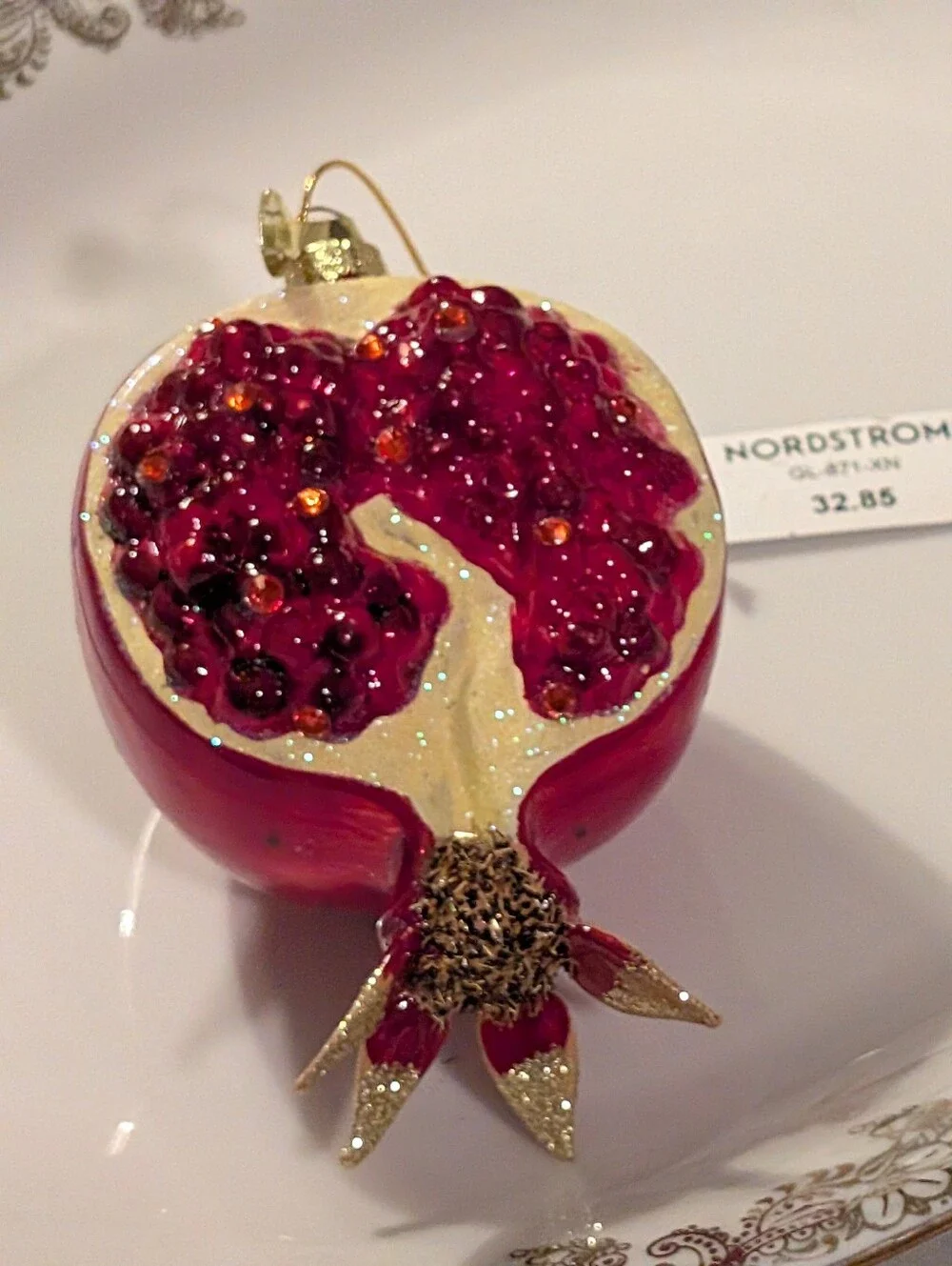 Glass Red Pomegranate Holiday Ornament with Sparkle